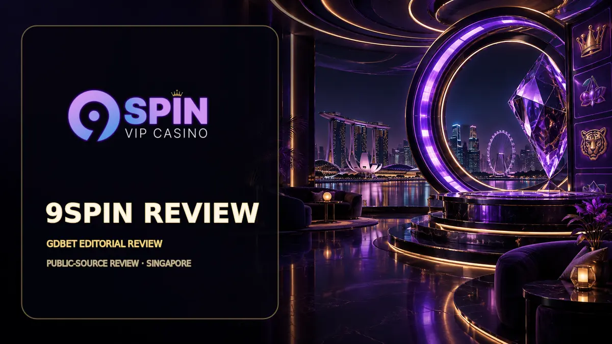 9spin Review Singapore by GDBET with the public 9spin VIP Casino logo and a purple Singapore scene