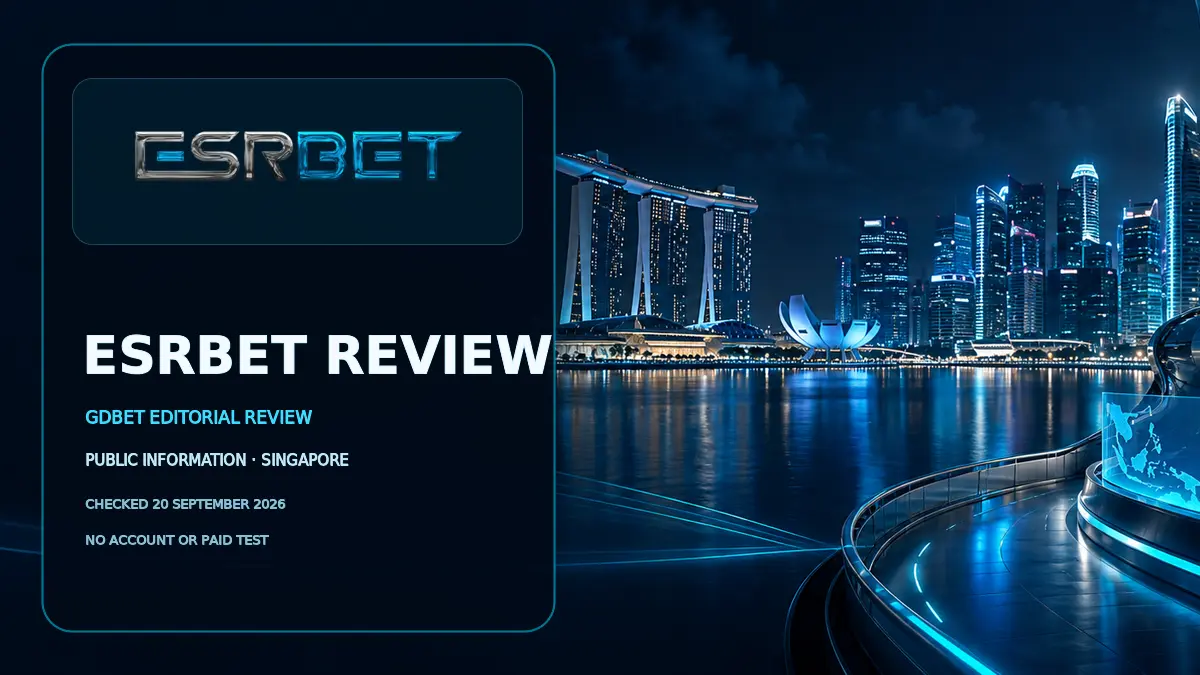 ESRBET Review Singapore editorial cover with the public ESRBET logo and a cyan Singapore night scene