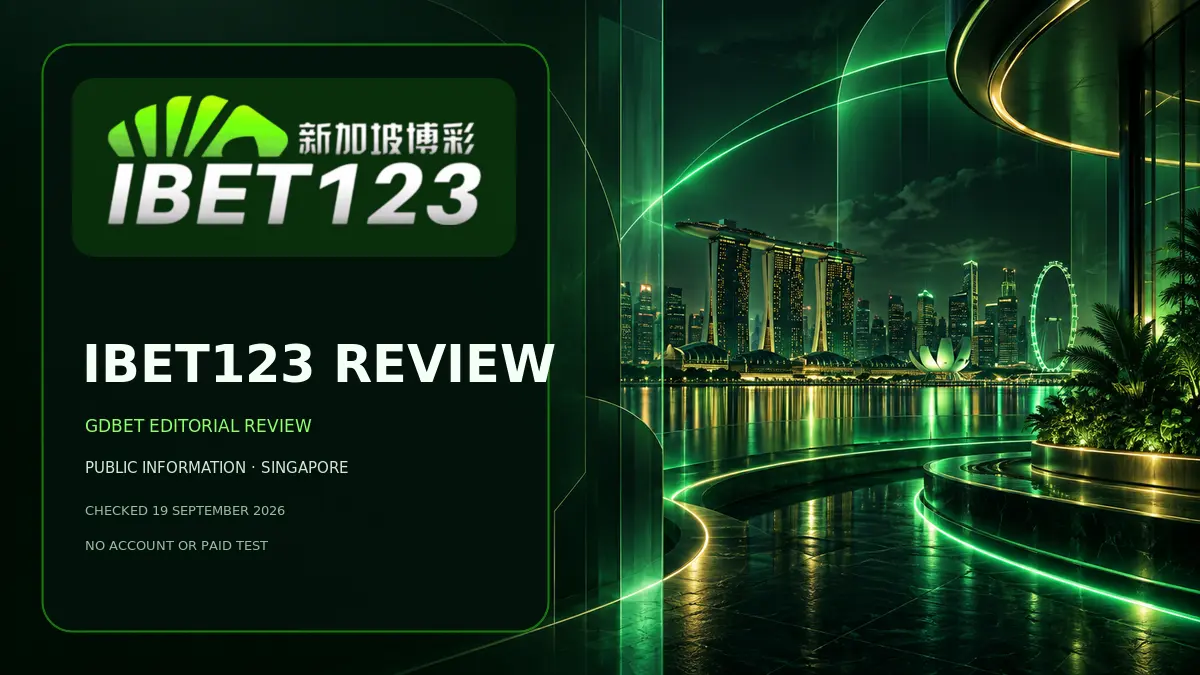 iBet123 Review Singapore editorial cover with the public iBet123 logo and an emerald-green Singapore night scene
