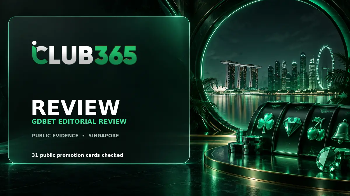 iClub365 Review Singapore by GDBET with the public iClub365 logo, green gaming portal and Singapore skyline