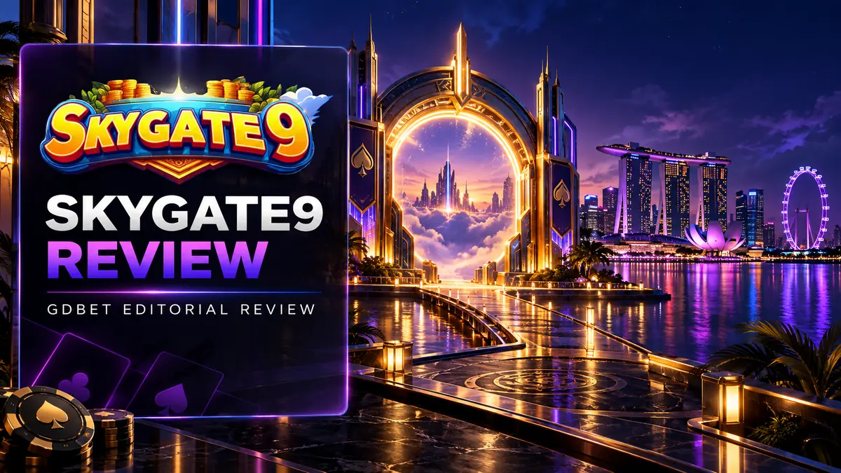 Skygate9 Review Singapore editorial cover with the public Skygate9 logo, a purple-gold sky gate and Singapore skyline